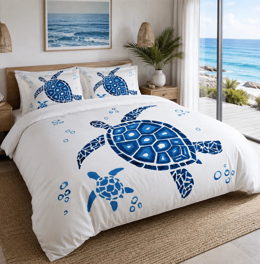 Ocean blue quilt cover set featuring a sea turtle design