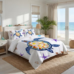 Bedroom with turtle-themed bedding and ocean view