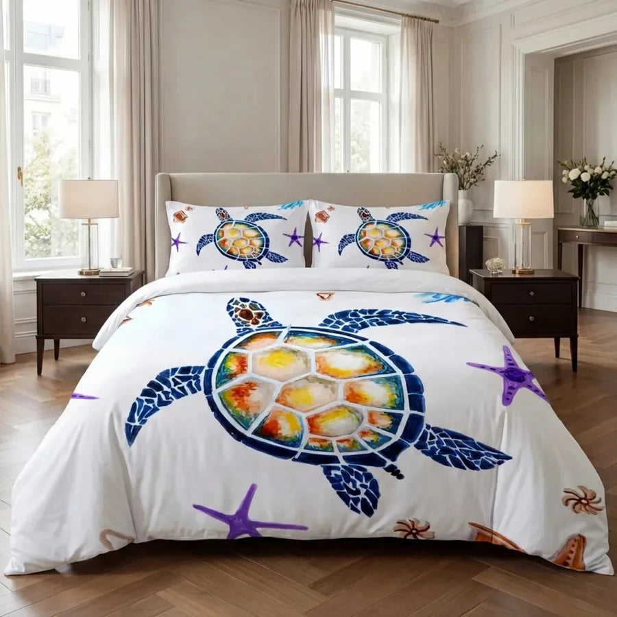 Quilt set with turtle design in a bedroom