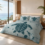 Sea turtle silhouette super king quilt cover set on a large bed