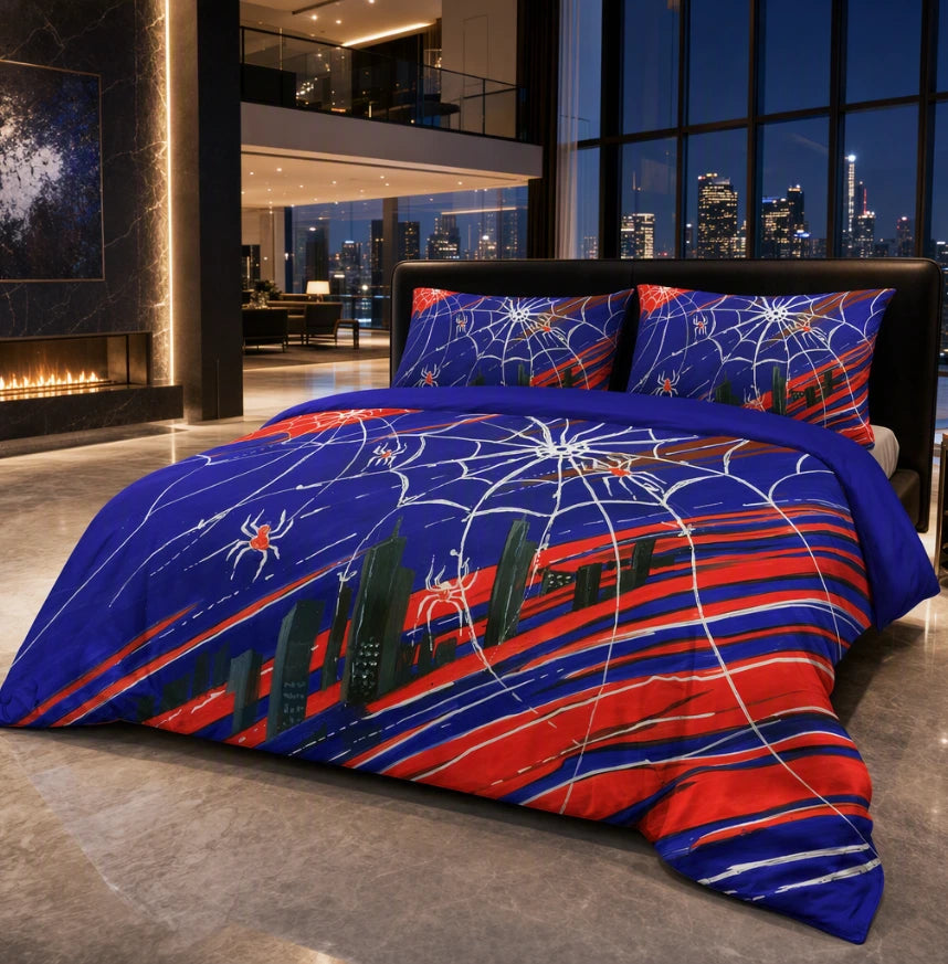 Spider City quilt cover set in a superhero themed bedroom