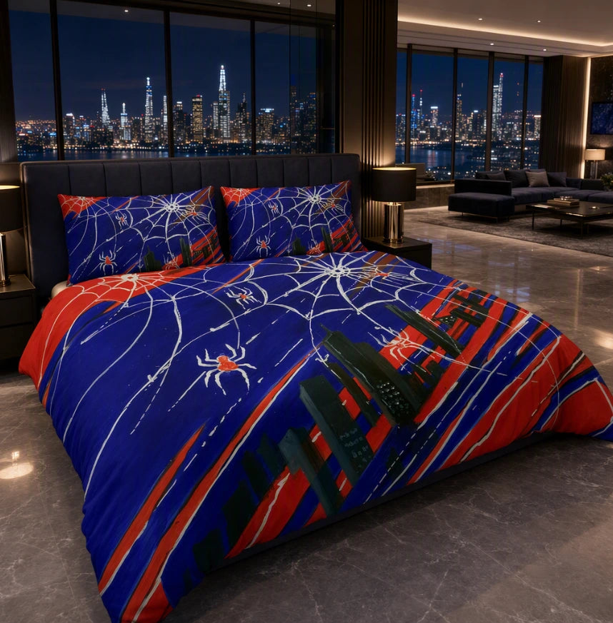 Spider City boys quilt cover set in a superhero themed bedroom